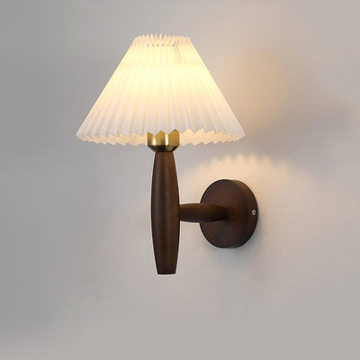 Traditional Chinese Pleated Umbrella Fabric Shade Wood 1-Light Wall Sconce Lamp For Living Room