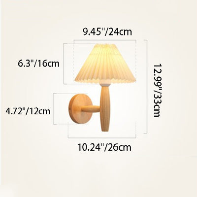 Traditional Chinese Pleated Umbrella Fabric Shade Wood 1-Light Wall Sconce Lamp For Living Room