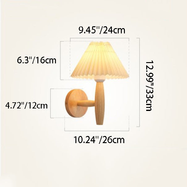 Traditional Chinese Pleated Umbrella Fabric Shade Wood 1-Light Wall Sconce Lamp For Living Room