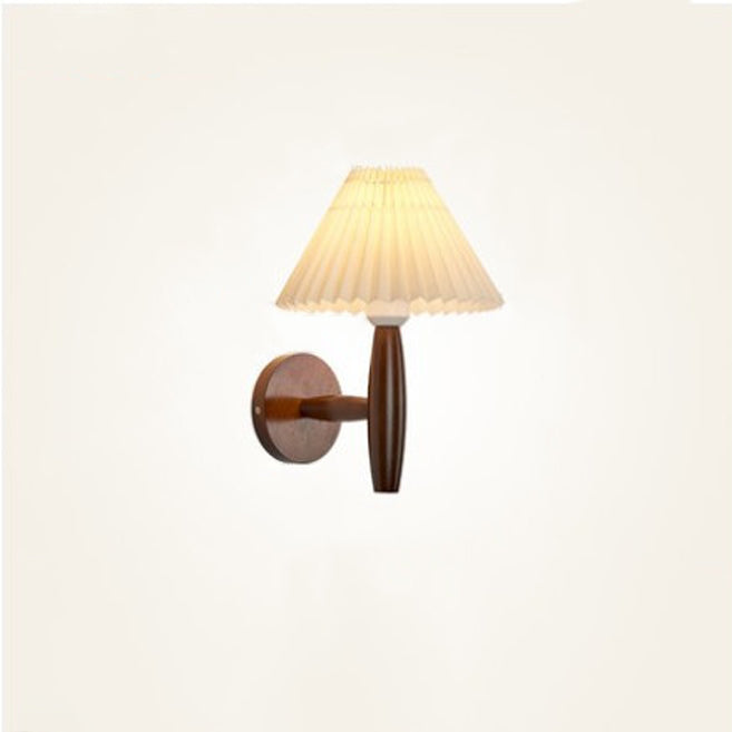 Traditional Chinese Pleated Umbrella Fabric Shade Wood 1-Light Wall Sconce Lamp For Living Room