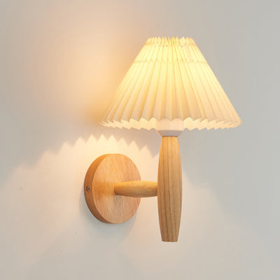 Traditional Chinese Pleated Umbrella Fabric Shade Wood 1-Light Wall Sconce Lamp For Living Room