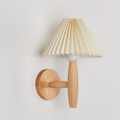 Traditional Chinese Pleated Umbrella Fabric Shade Wood 1-Light Wall Sconce Lamp For Living Room