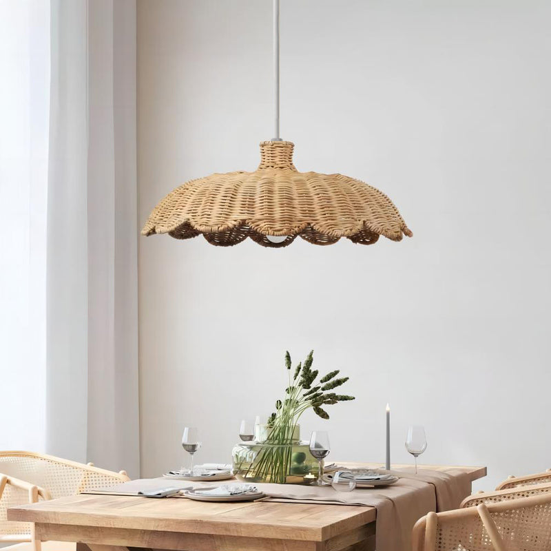 Contemporary Retro Ruffled Rattan Iron 1-Light Pendant Light For Living Room