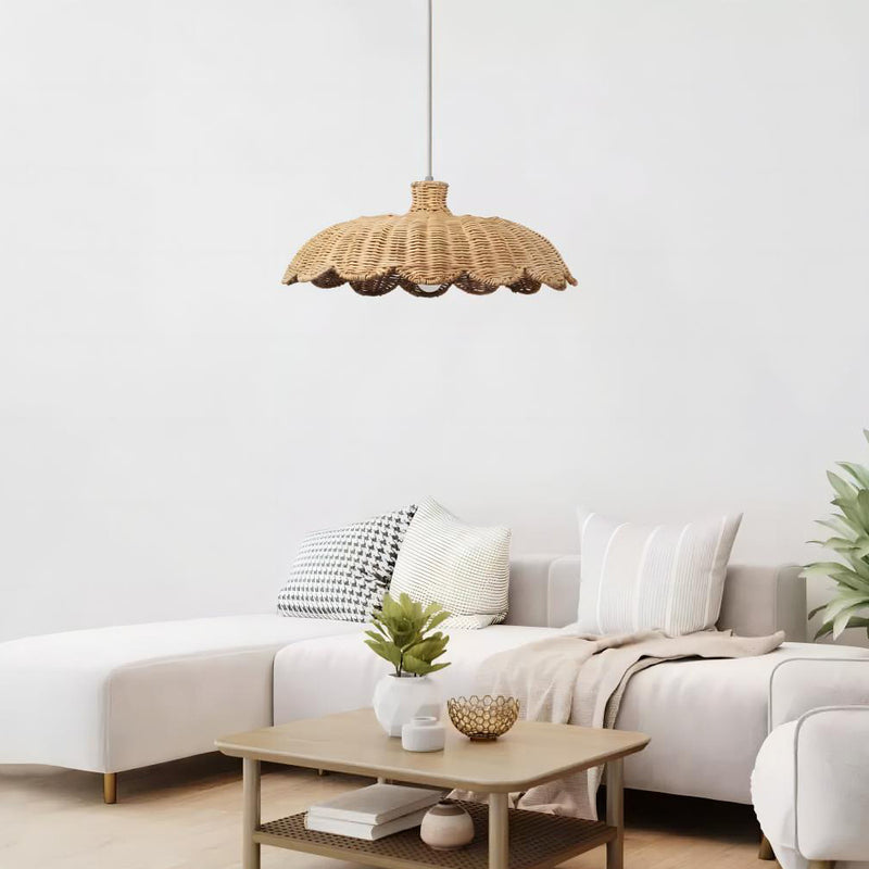 Contemporary Retro Ruffled Rattan Iron 1-Light Pendant Light For Living Room