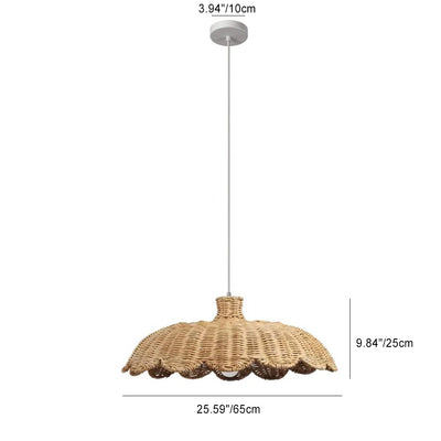 Contemporary Retro Ruffled Rattan Iron 1-Light Pendant Light For Living Room