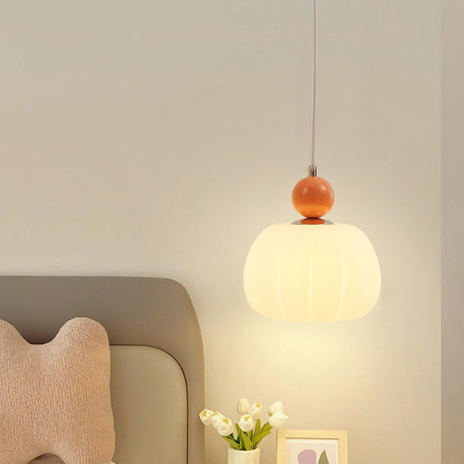 Contemporary Nordic Round Pumpkin Shape Hardware PE 1-Light Pendant Light For Bedroom