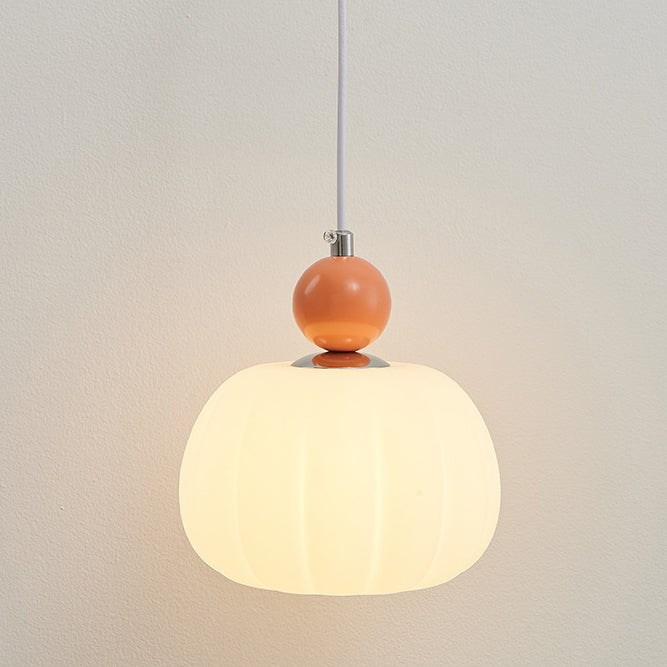 Contemporary Nordic Round Pumpkin Shape Hardware PE 1-Light Pendant Light For Bedroom