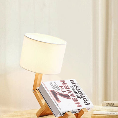 Contemporary Creative Adjustable Robot Shape Wood Base Cylinder Fabric 1-Light Table Lamp For Living Room