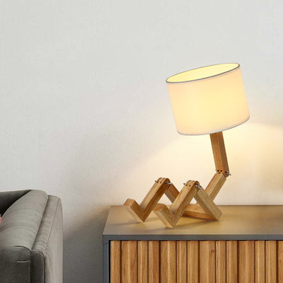 Contemporary Creative Adjustable Robot Shape Wood Base Cylinder Fabric 1-Light Table Lamp For Living Room