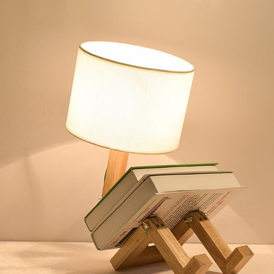 Contemporary Creative Adjustable Robot Shape Wood Base Cylinder Fabric 1-Light Table Lamp For Living Room