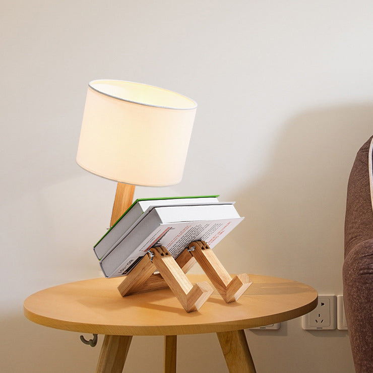 Contemporary Creative Adjustable Robot Shape Wood Base Cylinder Fabric 1-Light Table Lamp For Living Room