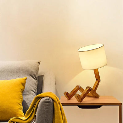 Contemporary Creative Adjustable Robot Shape Wood Base Cylinder Fabric 1-Light Table Lamp For Living Room