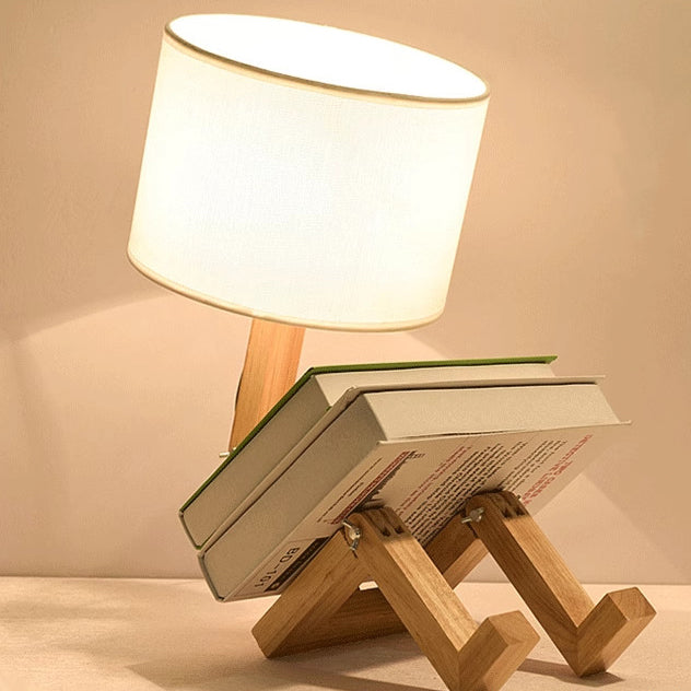 Contemporary Creative Adjustable Robot Shape Wood Base Cylinder Fabric 1-Light Table Lamp For Living Room