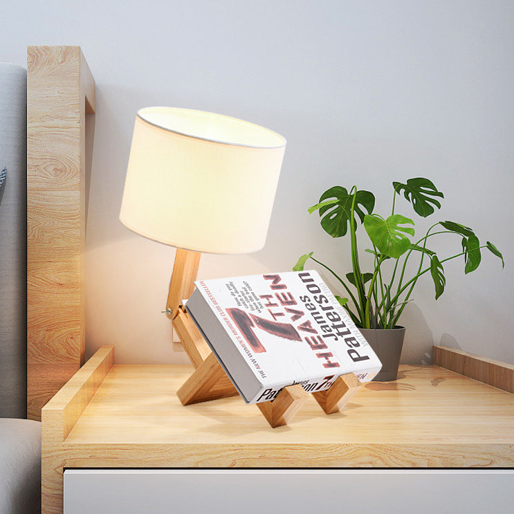 Contemporary Creative Adjustable Robot Shape Wood Base Cylinder Fabric 1-Light Table Lamp For Living Room