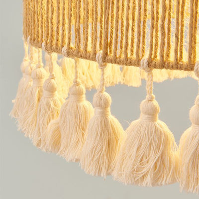 Contemporary Boho Iron Hemp Rope Braiding Tassel Hat Shape 1-Light Pendant Light For Living Room