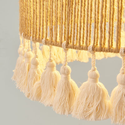 Contemporary Boho Iron Hemp Rope Braiding Tassel Hat Shape 1-Light Pendant Light For Living Room