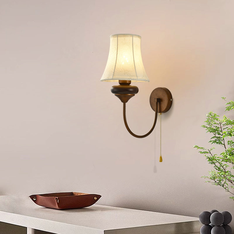 Traditional European Floral Pattern Drum Shape Fabric Hardware Wood 1-Light Wall Sconce Lamp For Living Room