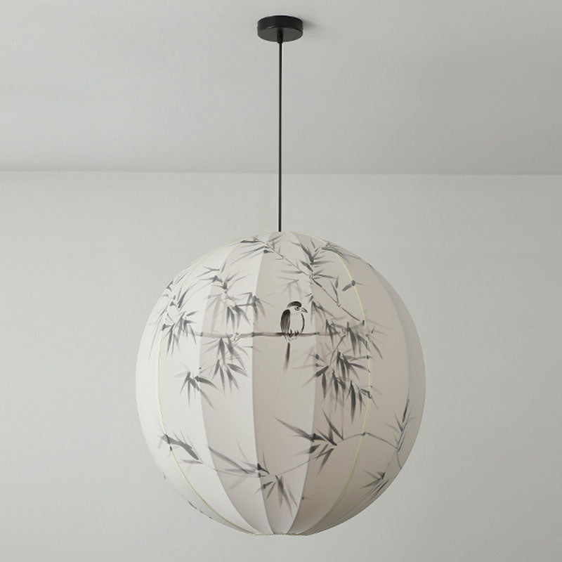 Traditional Chinese Metal Hand-Painted Bamboo Bird Pattern Fabric Round Shade 1-Light Pendant Light For Living Room