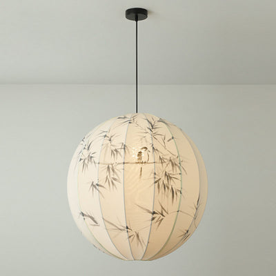 Traditional Chinese Metal Hand-Painted Bamboo Bird Pattern Fabric Round Shade 1-Light Pendant Light For Living Room