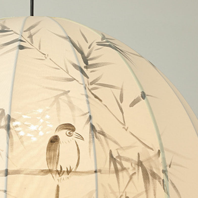 Traditional Chinese Metal Hand-Painted Bamboo Bird Pattern Fabric Round Shade 1-Light Pendant Light For Living Room