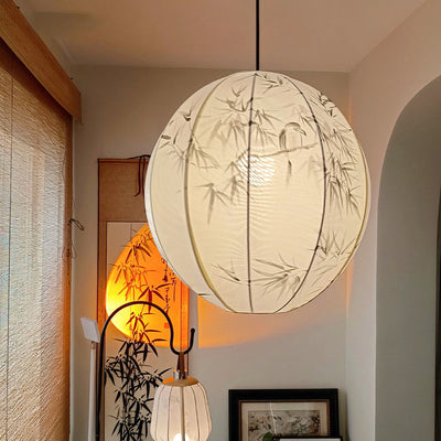 Traditional Chinese Metal Hand-Painted Bamboo Bird Pattern Fabric Round Shade 1-Light Pendant Light For Living Room