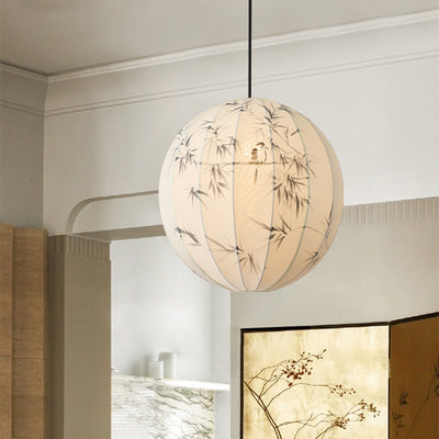 Traditional Chinese Metal Hand-Painted Bamboo Bird Pattern Fabric Round Shade 1-Light Pendant Light For Living Room