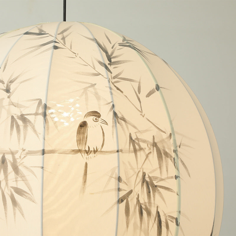 Traditional Chinese Metal Hand-Painted Bamboo Bird Pattern Fabric Round Shade 1-Light Pendant Light For Living Room