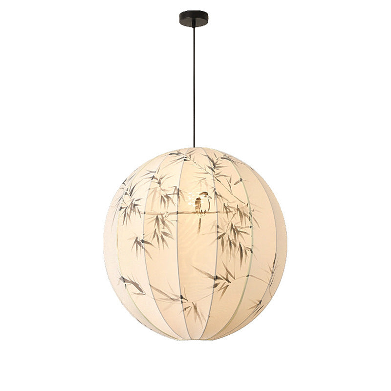 Traditional Chinese Metal Hand-Painted Bamboo Bird Pattern Fabric Round Shade 1-Light Pendant Light For Living Room