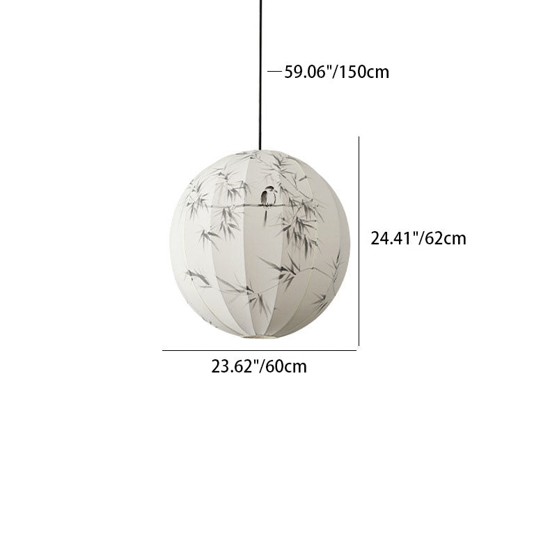 Traditional Chinese Metal Hand-Painted Bamboo Bird Pattern Fabric Round Shade 1-Light Pendant Light For Living Room