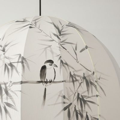 Traditional Chinese Metal Hand-Painted Bamboo Bird Pattern Fabric Round Shade 1-Light Pendant Light For Living Room