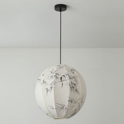 Traditional Chinese Metal Hand-Painted Bamboo Bird Pattern Fabric Round Shade 1-Light Pendant Light For Living Room