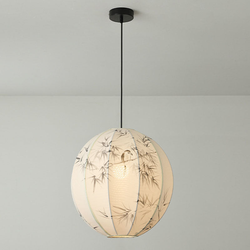 Traditional Chinese Metal Hand-Painted Bamboo Bird Pattern Fabric Round Shade 1-Light Pendant Light For Living Room