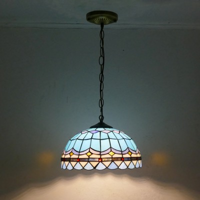 Traditional Tiffany Half Globe Iron Stained Glass 1-Light Pendant Light For Bedroom