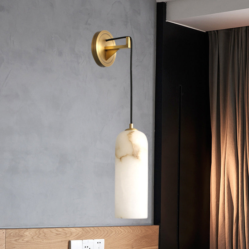 Contemporary Scandinavian Cylinder Disc Base Copper Marble 1-Light Wall Sconce Lamp For Bedroom