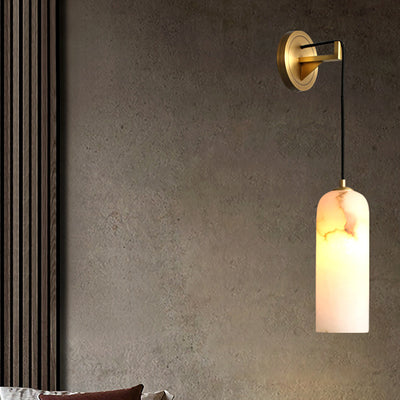 Contemporary Scandinavian Cylinder Disc Base Copper Marble 1-Light Wall Sconce Lamp For Bedroom