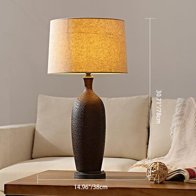 Traditional Chinese Oval Bottle Cylinder Ceramic Fabric 1-Light Table Lamp For Living Room