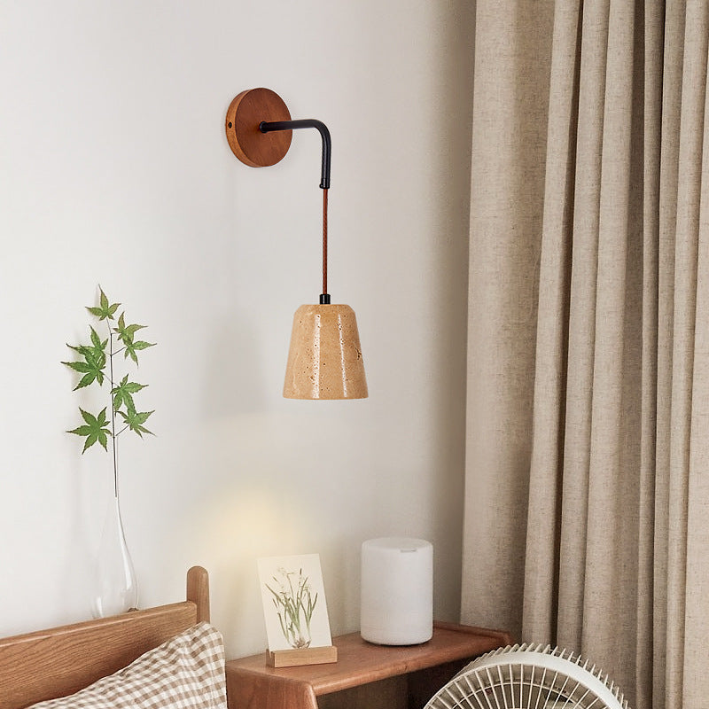 Modern Minimalist Round Table Disc Base Yellow Travertine Wood Iron 1-Light Wall Sconce Lamp For Bedroom