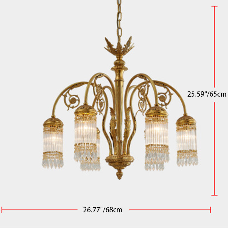 Traditional Vintage Cylinder Branch Feather Copper Glass Crystal 6-Light Chandelier For Living Room