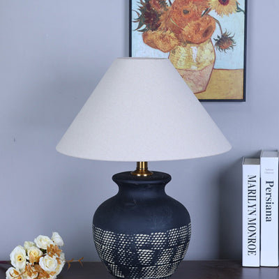 Traditional Chinese Oval Cylinder Round Table Jar-like Ceramic Fabric 1-Light Table Lamp For Bedroom