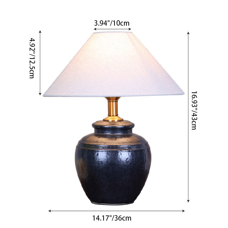 Traditional Chinese Oval Cylinder Round Table Jar-like Ceramic Fabric 1-Light Table Lamp For Bedroom