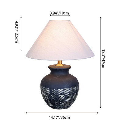 Traditional Chinese Oval Cylinder Round Table Jar-like Ceramic Fabric 1-Light Table Lamp For Bedroom