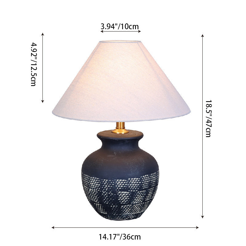 Traditional Chinese Oval Cylinder Round Table Jar-like Ceramic Fabric 1-Light Table Lamp For Bedroom