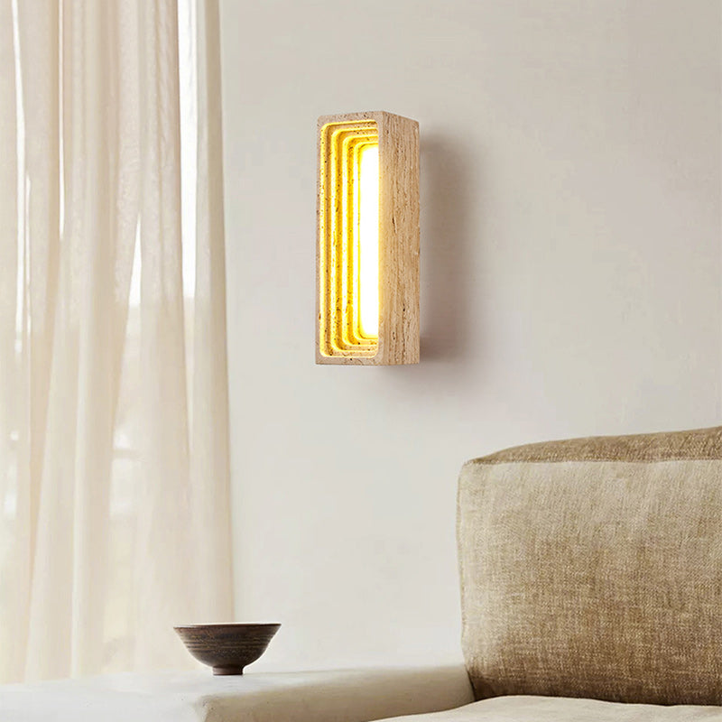 Traditional Japanese Rectangular Hollow Multi-Layer Yellow Travertine LED Wall Sconce Lamp For Bedroom