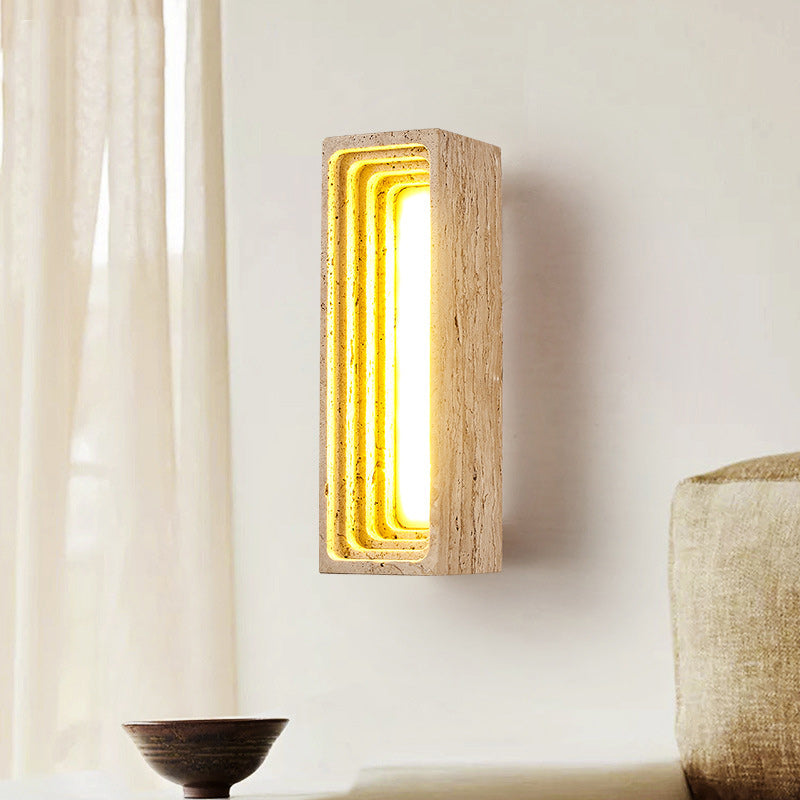 Traditional Japanese Rectangular Hollow Multi-Layer Yellow Travertine LED Wall Sconce Lamp For Bedroom