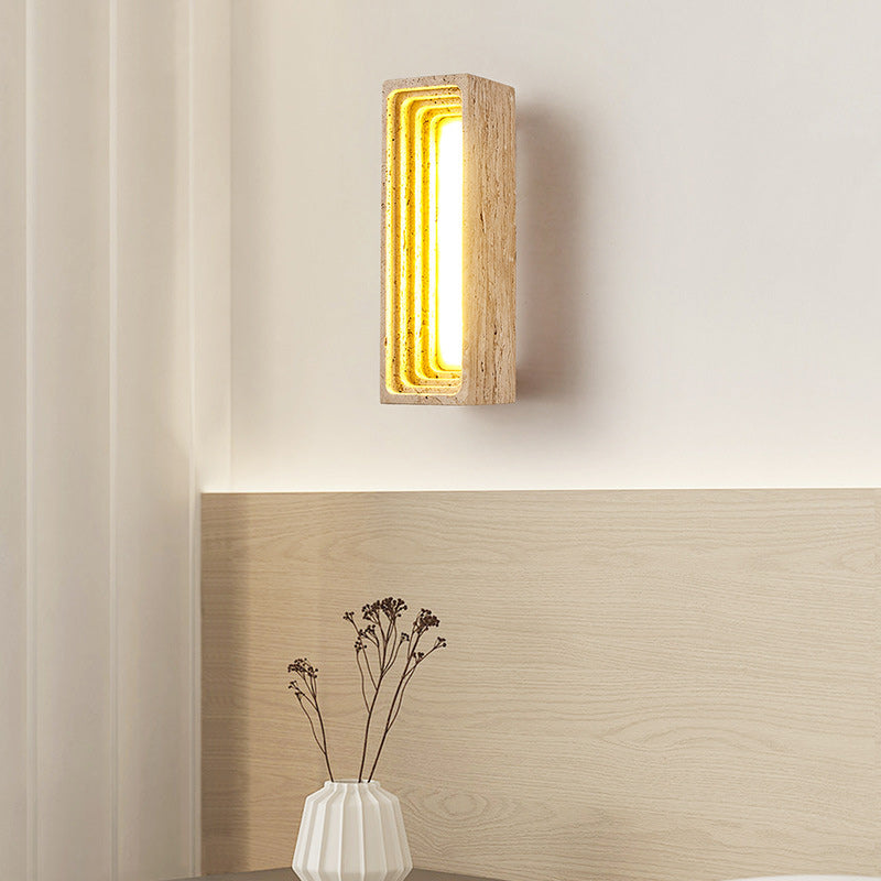 Traditional Japanese Rectangular Hollow Multi-Layer Yellow Travertine LED Wall Sconce Lamp For Bedroom