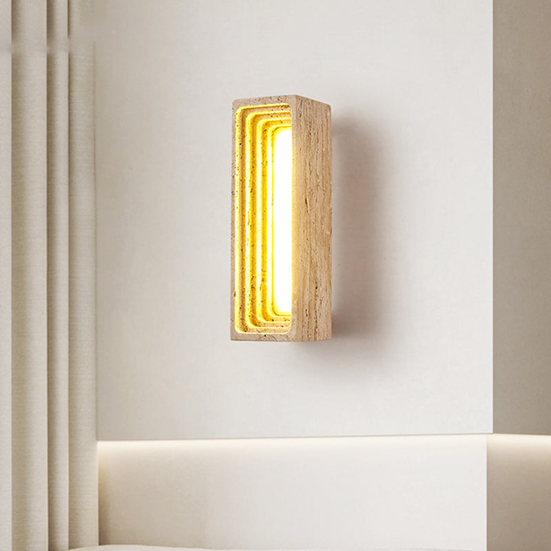 Traditional Japanese Rectangular Hollow Multi-Layer Yellow Travertine LED Wall Sconce Lamp For Bedroom