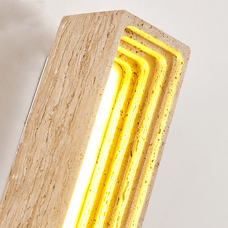 Traditional Japanese Rectangular Hollow Multi-Layer Yellow Travertine LED Wall Sconce Lamp For Bedroom