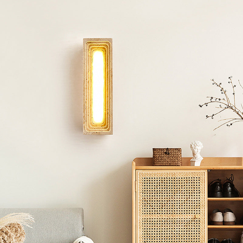 Traditional Japanese Rectangular Hollow Multi-Layer Yellow Travertine LED Wall Sconce Lamp For Bedroom