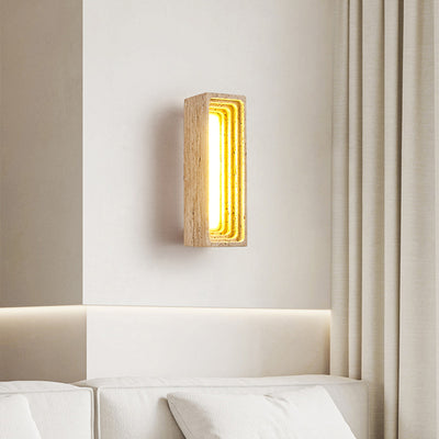 Traditional Japanese Rectangular Hollow Multi-Layer Yellow Travertine LED Wall Sconce Lamp For Bedroom