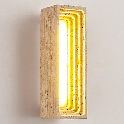 Traditional Japanese Rectangular Hollow Multi-Layer Yellow Travertine LED Wall Sconce Lamp For Bedroom